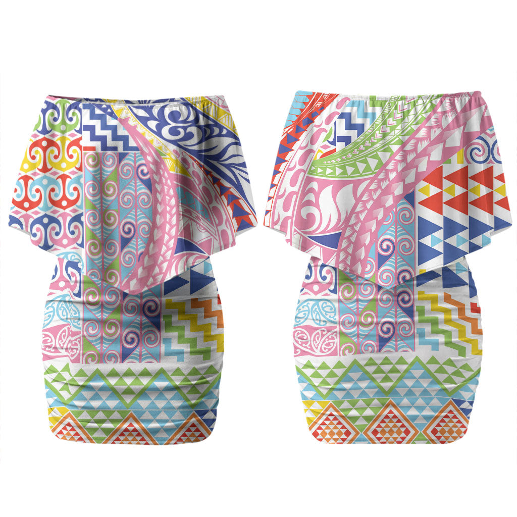 Maori Kowhaiwhai Taniko Patchwork Rainbow Motifs Couples Matching Off Shoulder Short Dress and Hawaiian Shirt