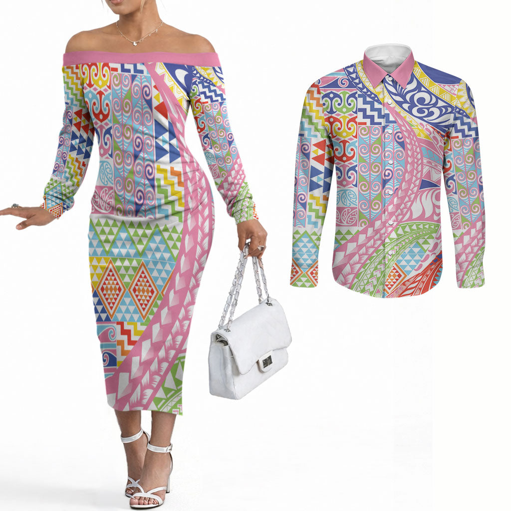 Maori Kowhaiwhai Taniko Patchwork Rainbow Motifs Couples Matching Off The Shoulder Long Sleeve Dress and Long Sleeve Button Shirt