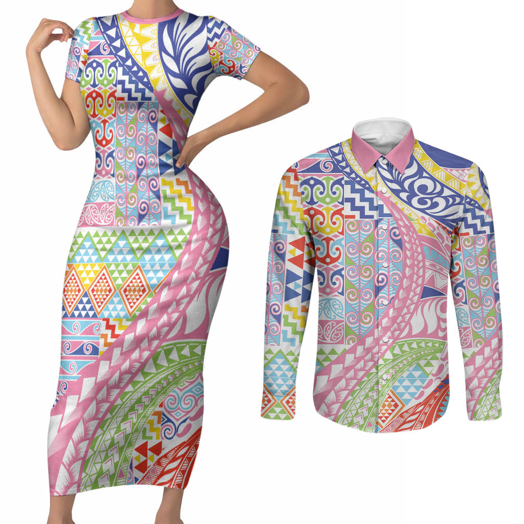 Maori Kowhaiwhai Taniko Patchwork Rainbow Motifs Couples Matching Short Sleeve Bodycon Dress and Long Sleeve Button Shirt