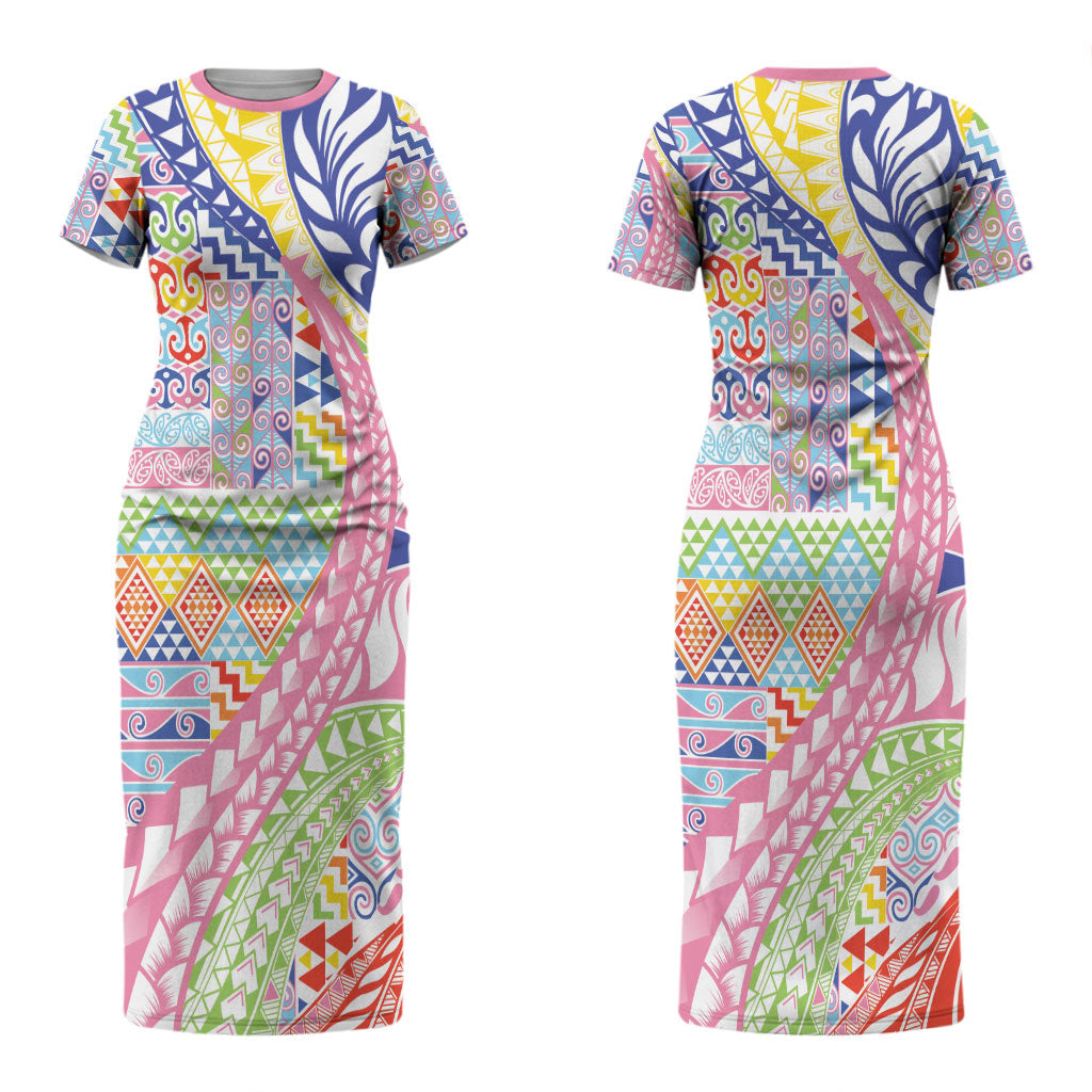 Maori Kowhaiwhai Taniko Patchwork Rainbow Motifs Couples Matching Short Sleeve Bodycon Dress and Long Sleeve Button Shirt