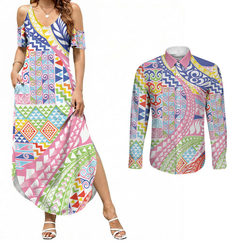 Maori Kowhaiwhai Taniko Patchwork Rainbow Motifs Couples Matching Summer Maxi Dress and Long Sleeve Button Shirt