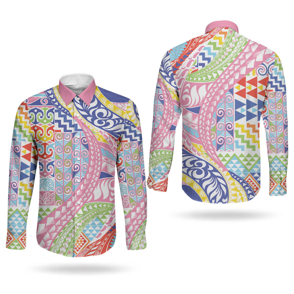 Maori Kowhaiwhai Taniko Patchwork Rainbow Motifs Couples Matching Summer Maxi Dress and Long Sleeve Button Shirt