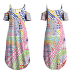 Maori Kowhaiwhai Taniko Patchwork Rainbow Motifs Couples Matching Summer Maxi Dress and Long Sleeve Button Shirt