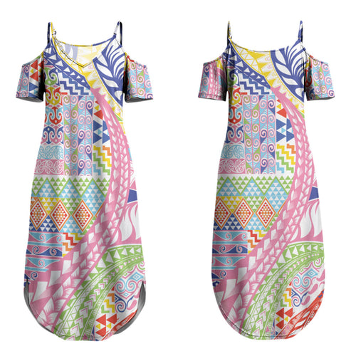 Maori Kowhaiwhai Taniko Patchwork Rainbow Motifs Couples Matching Summer Maxi Dress and Long Sleeve Button Shirt