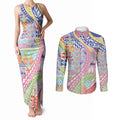Maori Kowhaiwhai Taniko Patchwork Rainbow Motifs Couples Matching Tank Maxi Dress and Long Sleeve Button Shirt