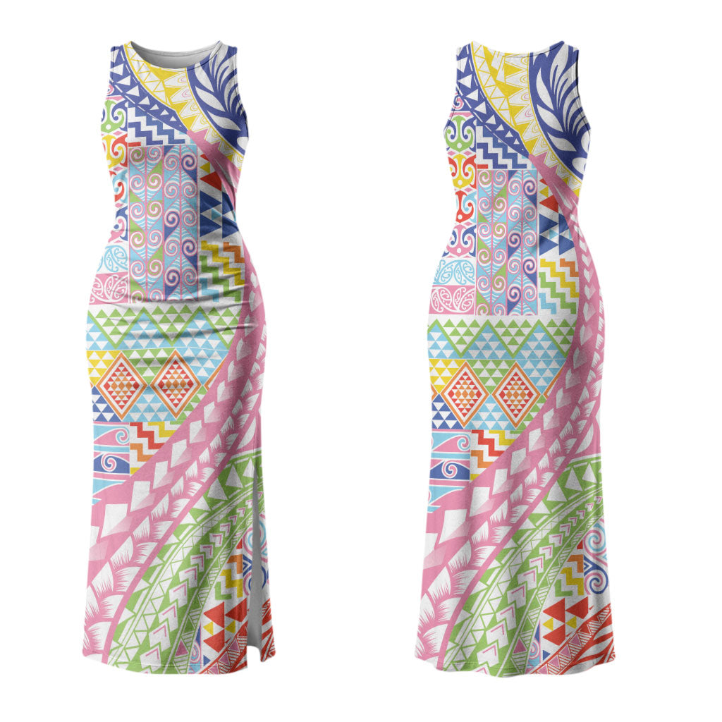 Maori Kowhaiwhai Taniko Patchwork Rainbow Motifs Couples Matching Tank Maxi Dress and Long Sleeve Button Shirt