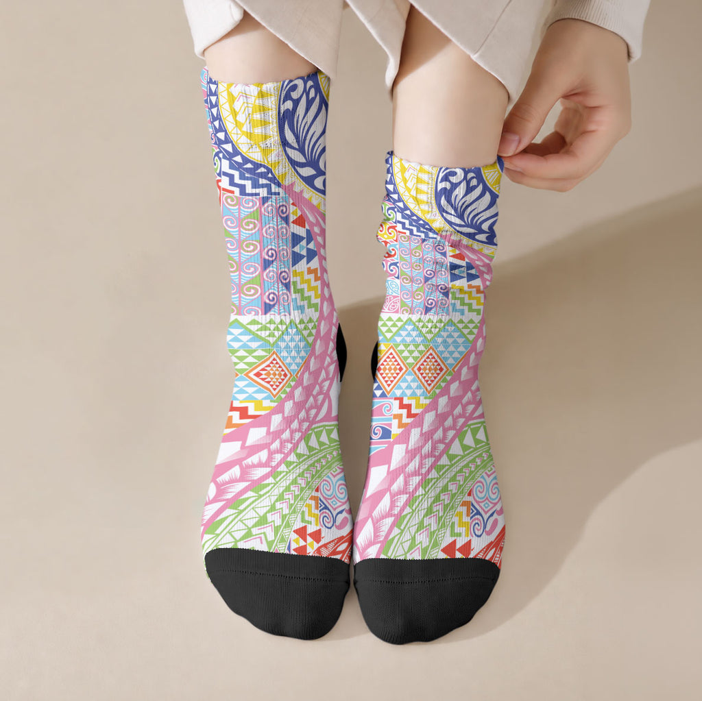 Maori Kowhaiwhai Taniko Patchwork Rainbow Motifs Crew Socks