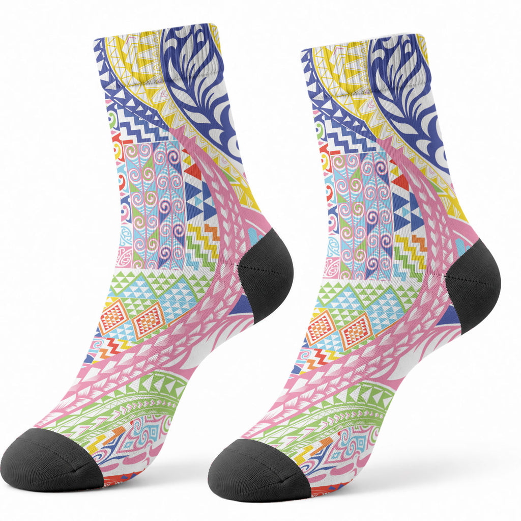 Maori Kowhaiwhai Taniko Patchwork Rainbow Motifs Crew Socks