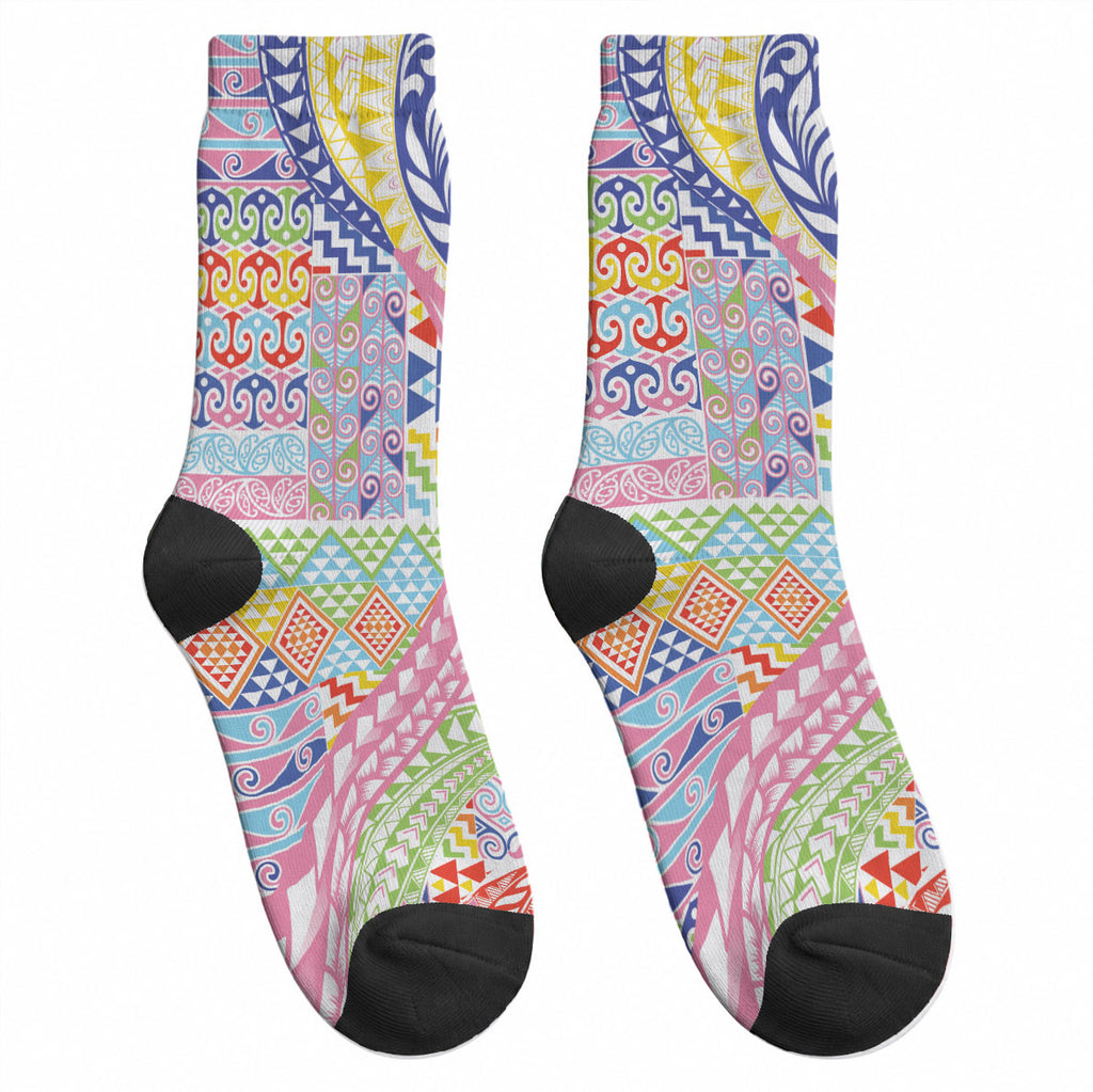 Maori Kowhaiwhai Taniko Patchwork Rainbow Motifs Crew Socks
