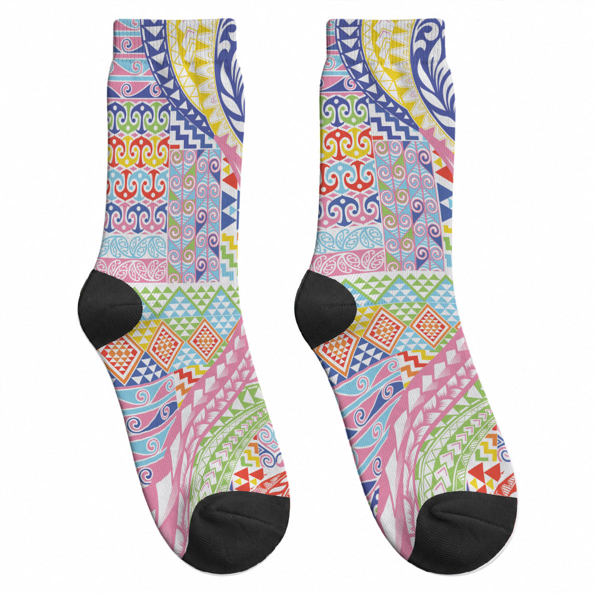 Maori Kowhaiwhai Taniko Patchwork Rainbow Motifs Crew Socks