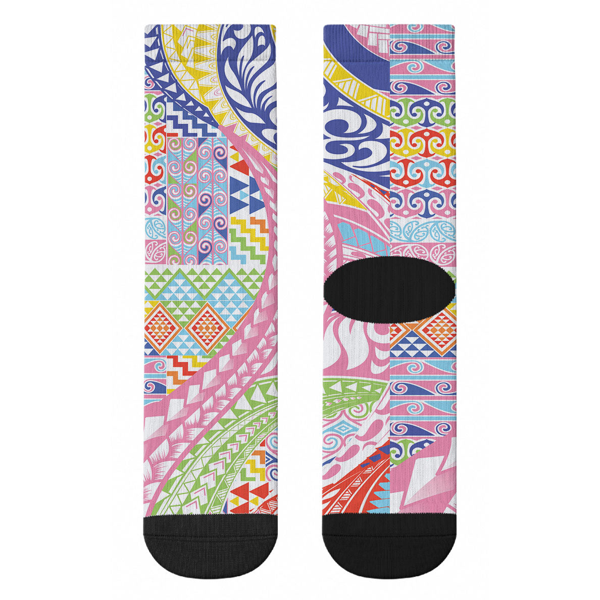 Maori Kowhaiwhai Taniko Patchwork Rainbow Motifs Crew Socks