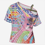 Maori Kowhaiwhai Taniko Patchwork Rainbow Motifs Cross Shoulder Shirt