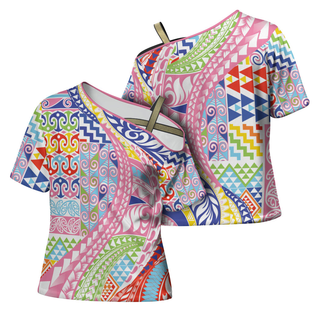 Maori Kowhaiwhai Taniko Patchwork Rainbow Motifs Cross Shoulder Shirt