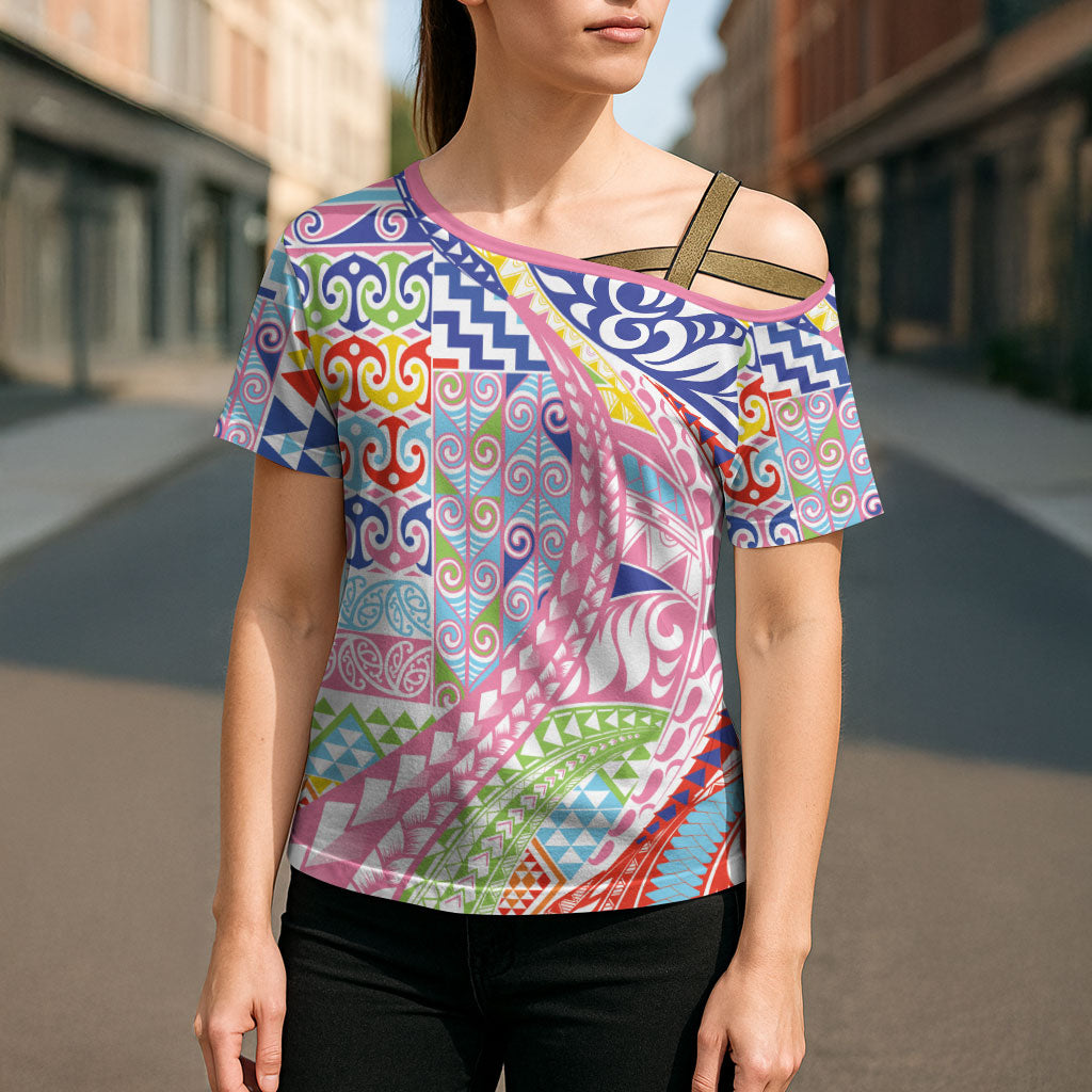 Maori Kowhaiwhai Taniko Patchwork Rainbow Motifs Cross Shoulder Shirt