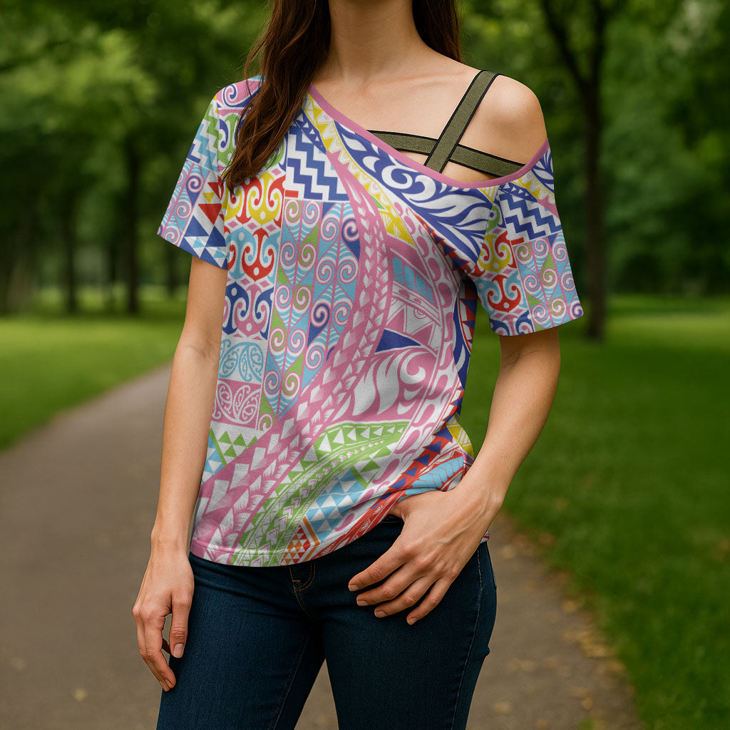 Maori Kowhaiwhai Taniko Patchwork Rainbow Motifs Cross Shoulder Shirt