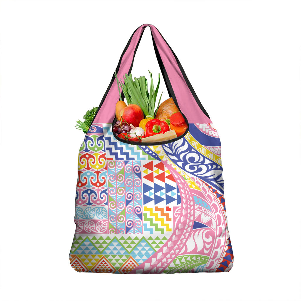 Maori Kowhaiwhai Taniko Patchwork Rainbow Motifs Grocery Bag