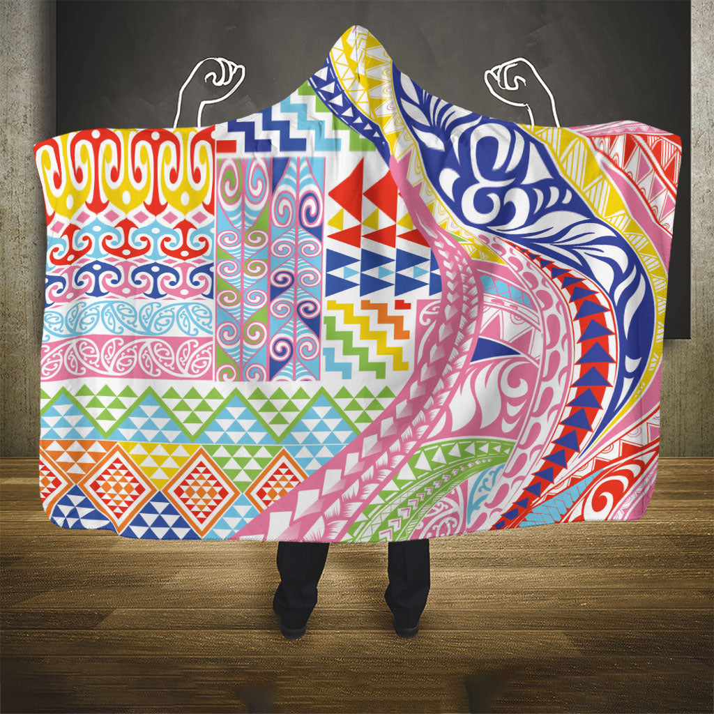 Maori Kowhaiwhai Taniko Patchwork Rainbow Motifs Hooded Blanket