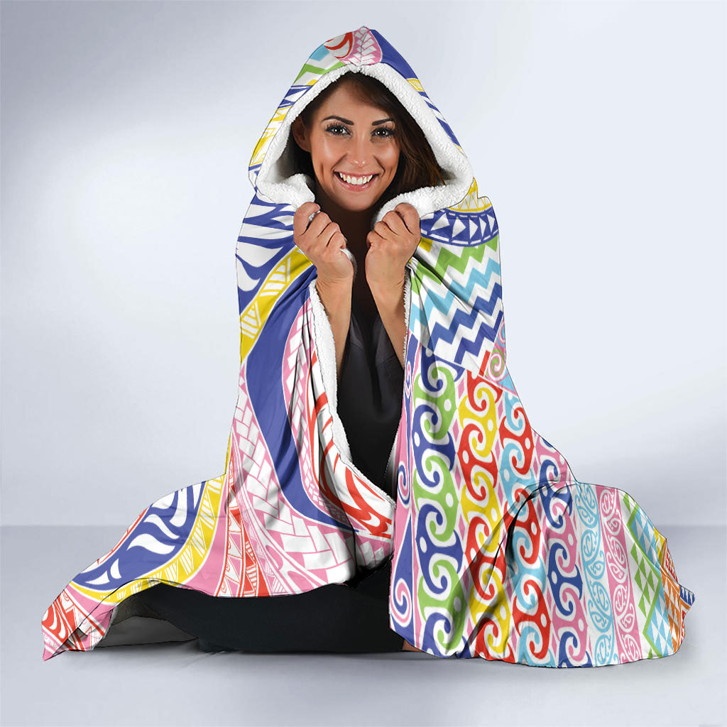 Maori Kowhaiwhai Taniko Patchwork Rainbow Motifs Hooded Blanket