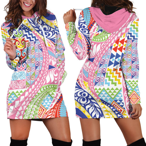 Maori Kowhaiwhai Taniko Patchwork Rainbow Motifs Hoodie Dress