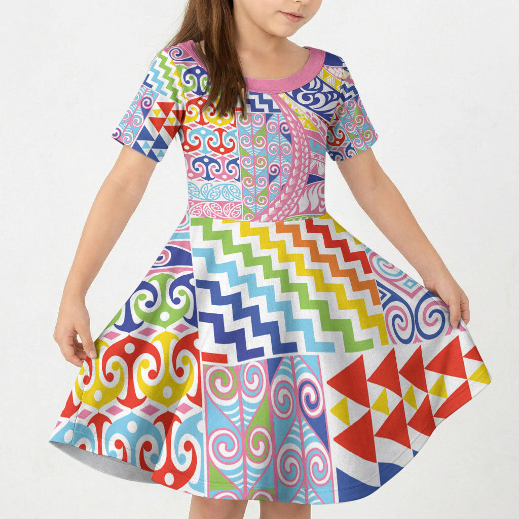 Maori Kowhaiwhai Taniko Patchwork Rainbow Motifs Kid Short Sleeve Dress