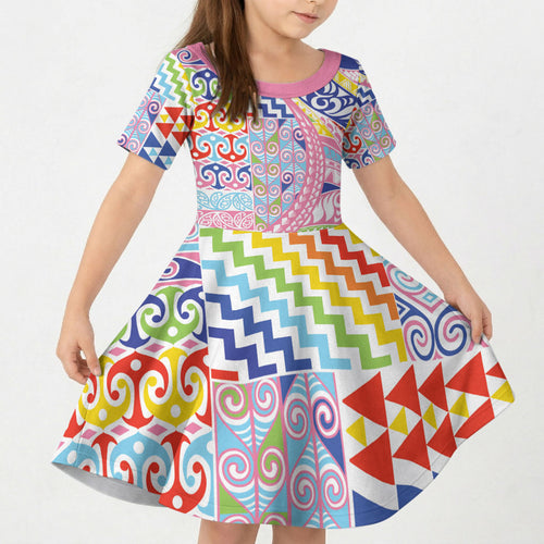 Maori Kowhaiwhai Taniko Patchwork Rainbow Motifs Kid Short Sleeve Dress