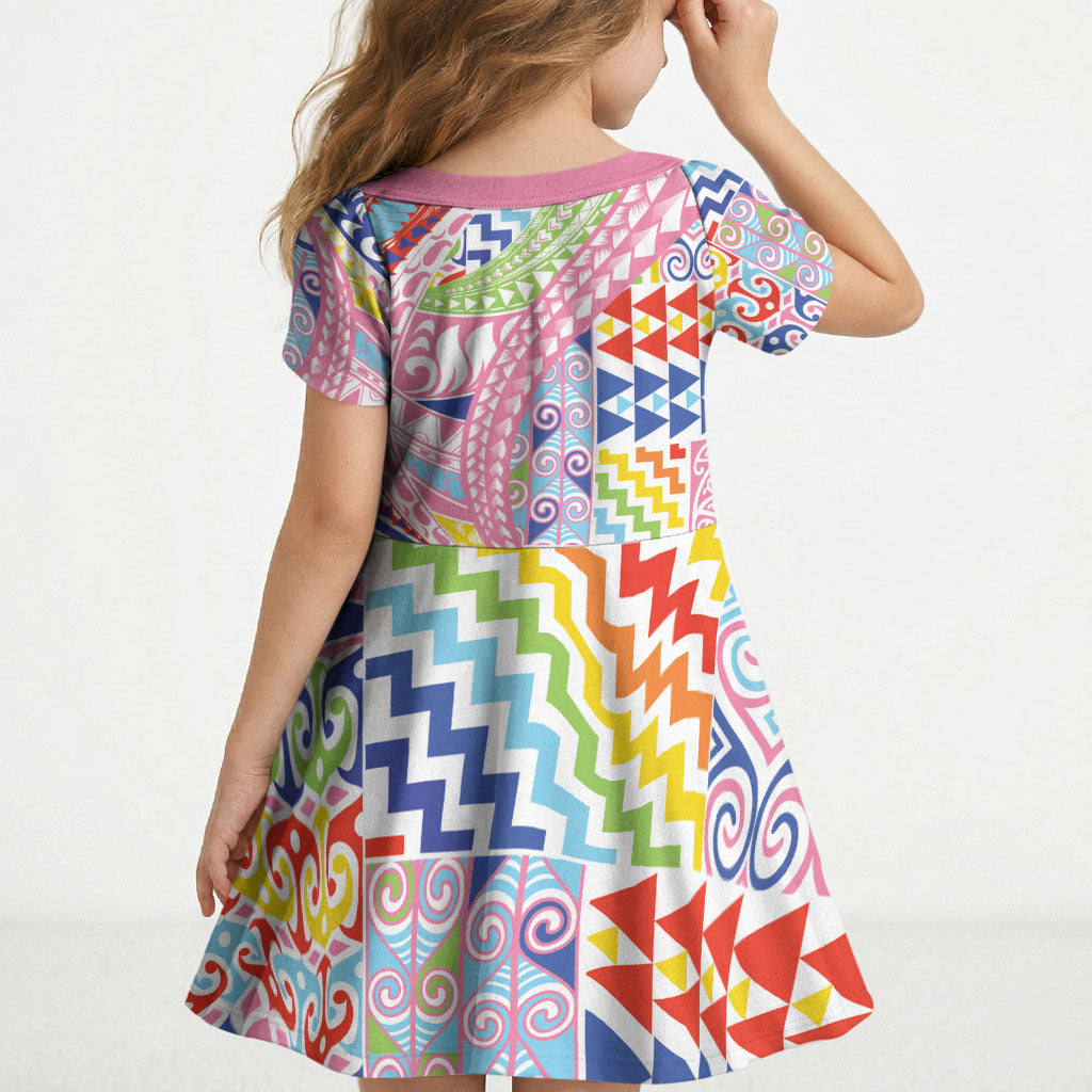 Maori Kowhaiwhai Taniko Patchwork Rainbow Motifs Kid Short Sleeve Dress