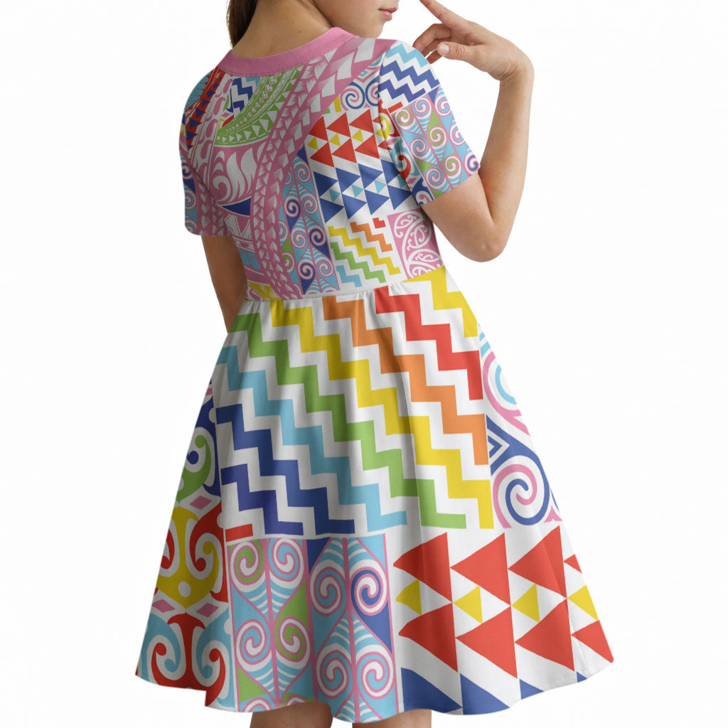 Maori Kowhaiwhai Taniko Patchwork Rainbow Motifs Kid Short Sleeve Dress
