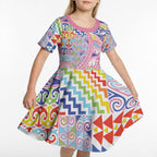 Maori Kowhaiwhai Taniko Patchwork Rainbow Motifs Kid Short Sleeve Dress