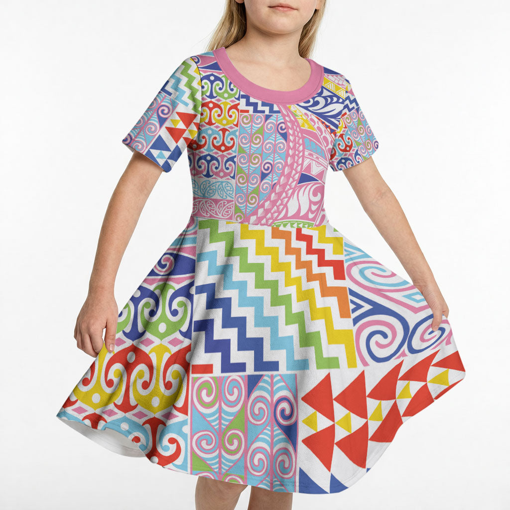 Maori Kowhaiwhai Taniko Patchwork Rainbow Motifs Kid Short Sleeve Dress