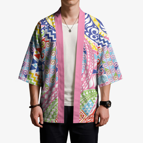 Maori Kowhaiwhai Taniko Patchwork Rainbow Motifs Kimono