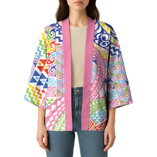 Maori Kowhaiwhai Taniko Patchwork Rainbow Motifs Kimono