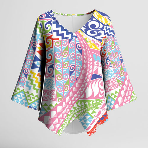 Maori Kowhaiwhai Taniko Patchwork Rainbow Motifs Kimono Sleeve Blouse