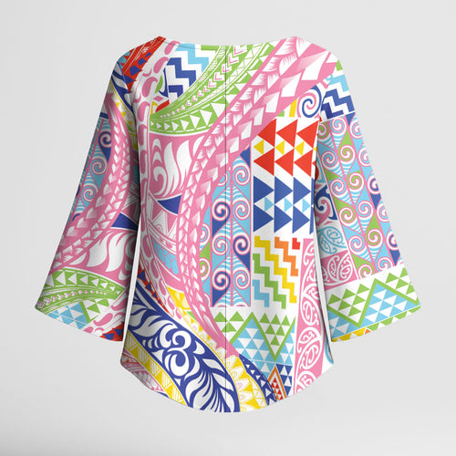 Maori Kowhaiwhai Taniko Patchwork Rainbow Motifs Kimono Sleeve Blouse