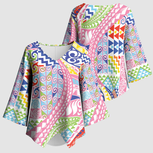 Maori Kowhaiwhai Taniko Patchwork Rainbow Motifs Kimono Sleeve Blouse