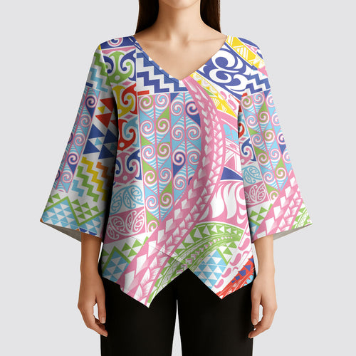 Maori Kowhaiwhai Taniko Patchwork Rainbow Motifs Kimono Sleeve Blouse