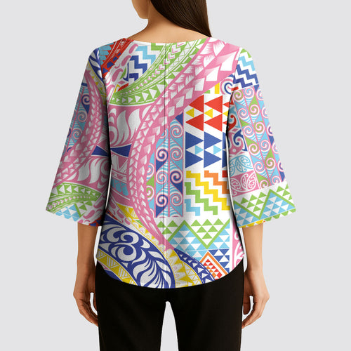 Maori Kowhaiwhai Taniko Patchwork Rainbow Motifs Kimono Sleeve Blouse