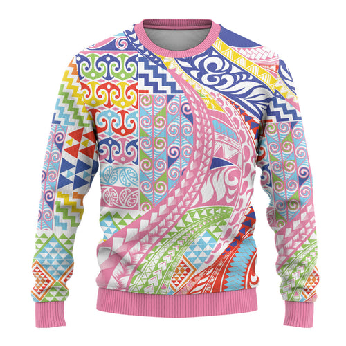 Maori Kowhaiwhai Taniko Patchwork Rainbow Motifs Ugly Christmas Sweater
