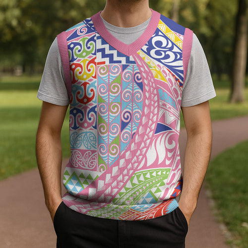Maori Kowhaiwhai Taniko Patchwork Rainbow Motifs Christmas Knitted V-Neck Vest