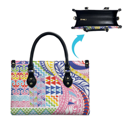 Maori Kowhaiwhai Taniko Patchwork Rainbow Motifs Leather Bag