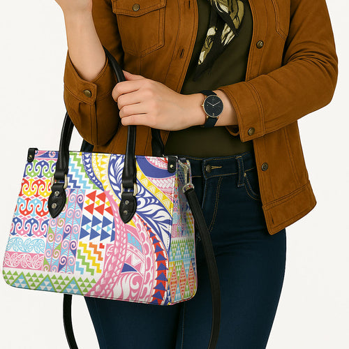 Maori Kowhaiwhai Taniko Patchwork Rainbow Motifs Leather Bag