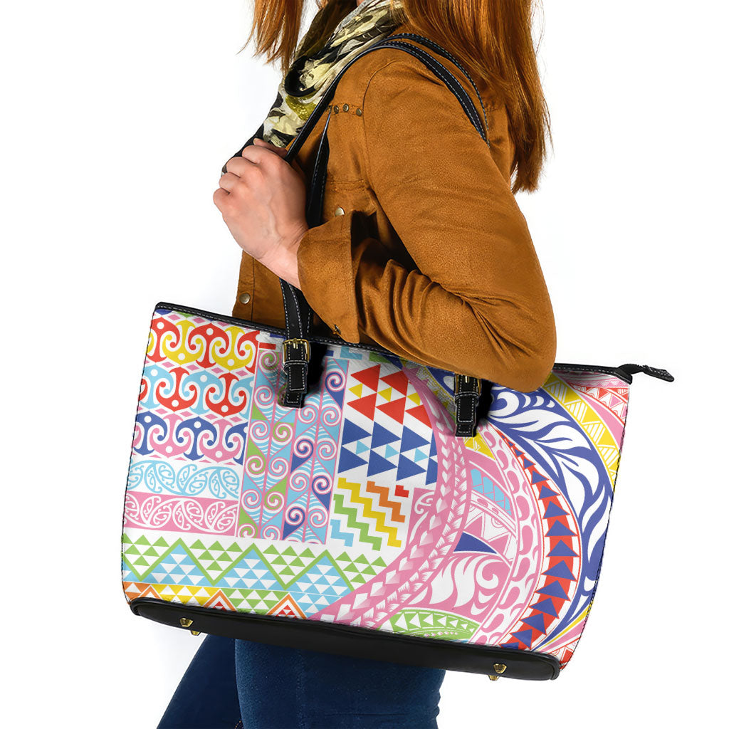 Maori Kowhaiwhai Taniko Patchwork Rainbow Motifs Leather Tote Bag