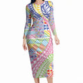 Maori Kowhaiwhai Taniko Patchwork Rainbow Motifs Long Sleeve Bodycon Dress