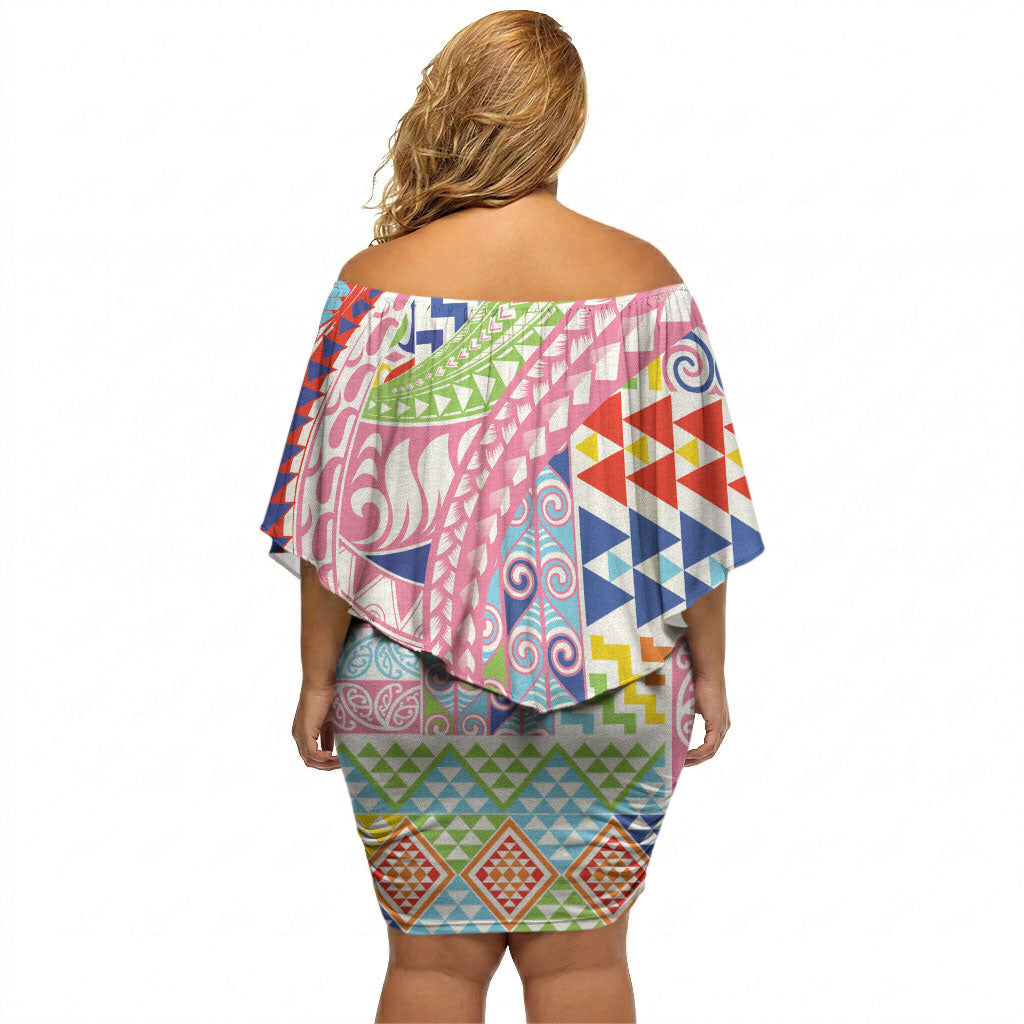 Maori Kowhaiwhai Taniko Patchwork Rainbow Motifs Off Shoulder Short Dress
