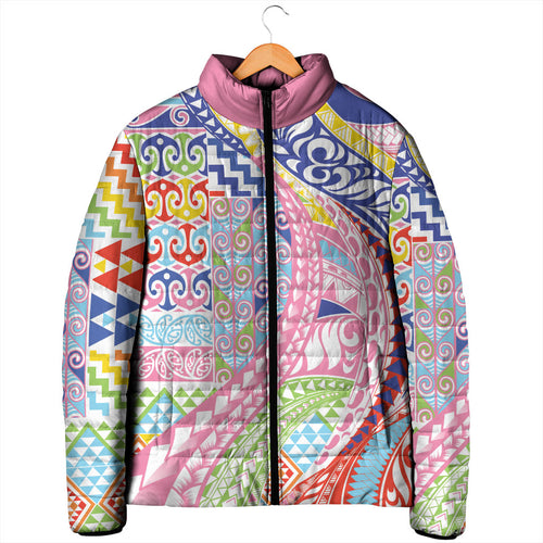 Maori Kowhaiwhai Taniko Patchwork Rainbow Motifs Padded Jacket