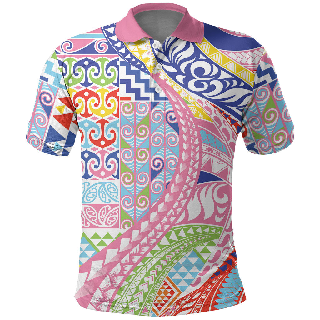 Maori Kowhaiwhai Taniko Patchwork Rainbow Motifs Polo Shirt