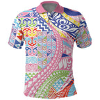 Maori Kowhaiwhai Taniko Patchwork Rainbow Motifs Polo Shirt