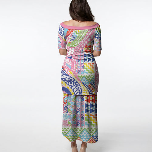 Maori Kowhaiwhai Taniko Patchwork Rainbow Motifs Puletasi
