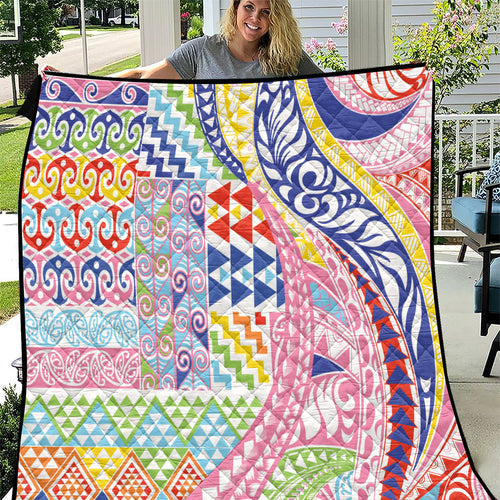 Maori Kowhaiwhai Taniko Patchwork Rainbow Motifs Quilt