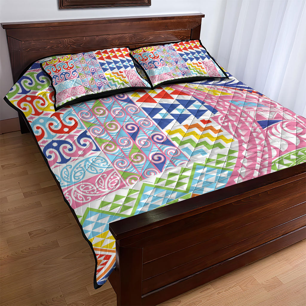 Maori Kowhaiwhai Taniko Patchwork Rainbow Motifs Quilt Bed Set