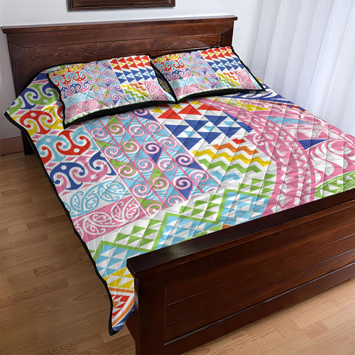 Maori Kowhaiwhai Taniko Patchwork Rainbow Motifs Quilt Bed Set